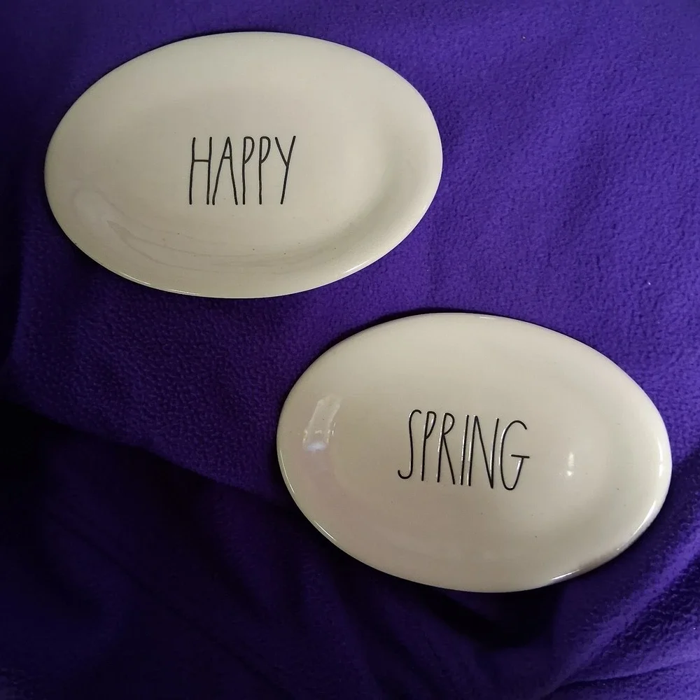 New Rae Dunn Happy Spring Oval Snack Plates Lot of 2 Artisan Collection